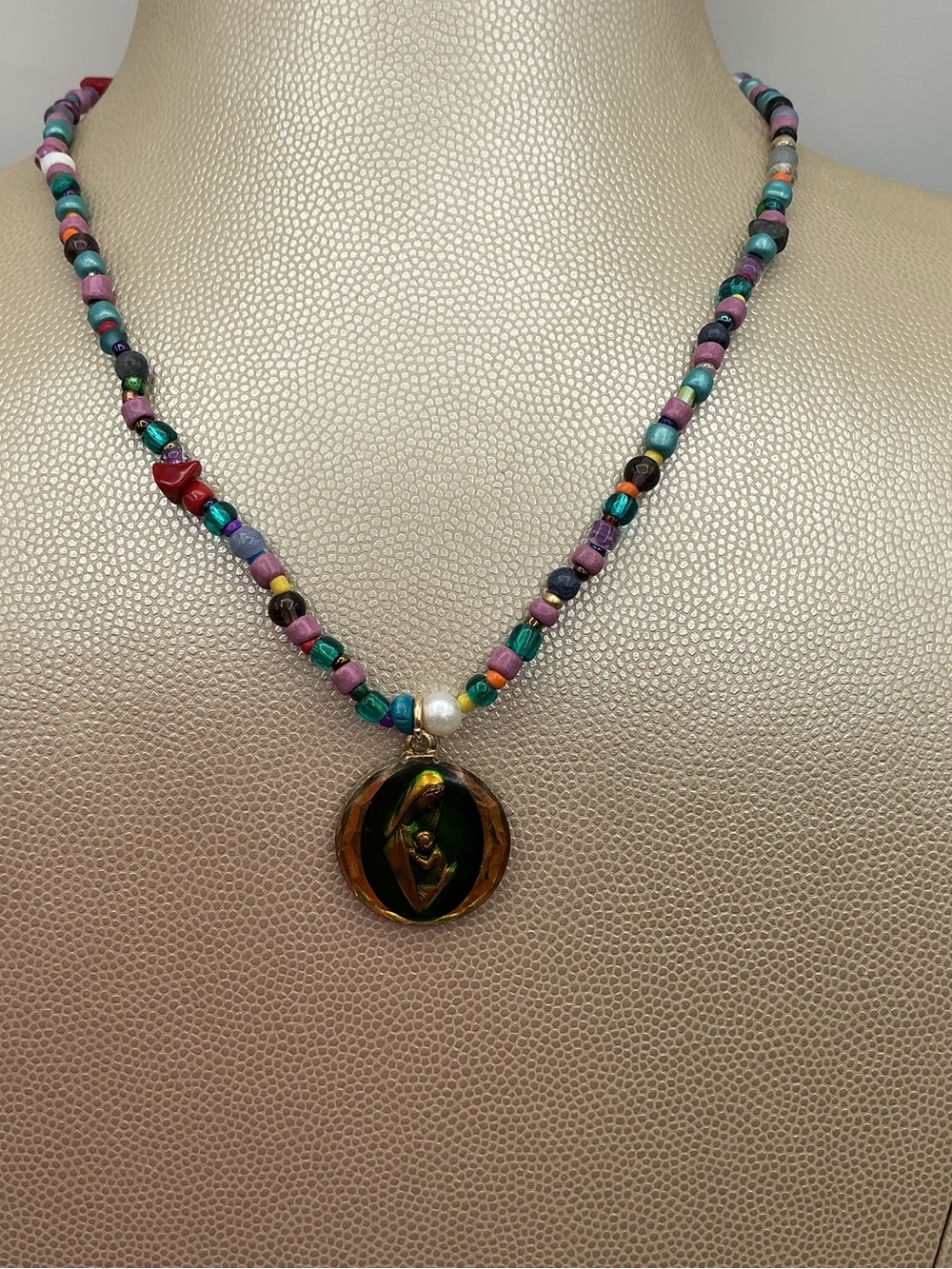 Multicolor Beaded Vintage Religious Mary Necklace